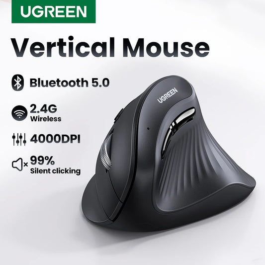 UGREEN Vertical Wireless Bluetooth Mouse, Ergonomic Bluetooth 5.0 & 2.4G Wireless Mouse, 4000 DPI Silent Vertical Ergonomic Mouse for PC, MacBook & Laptop