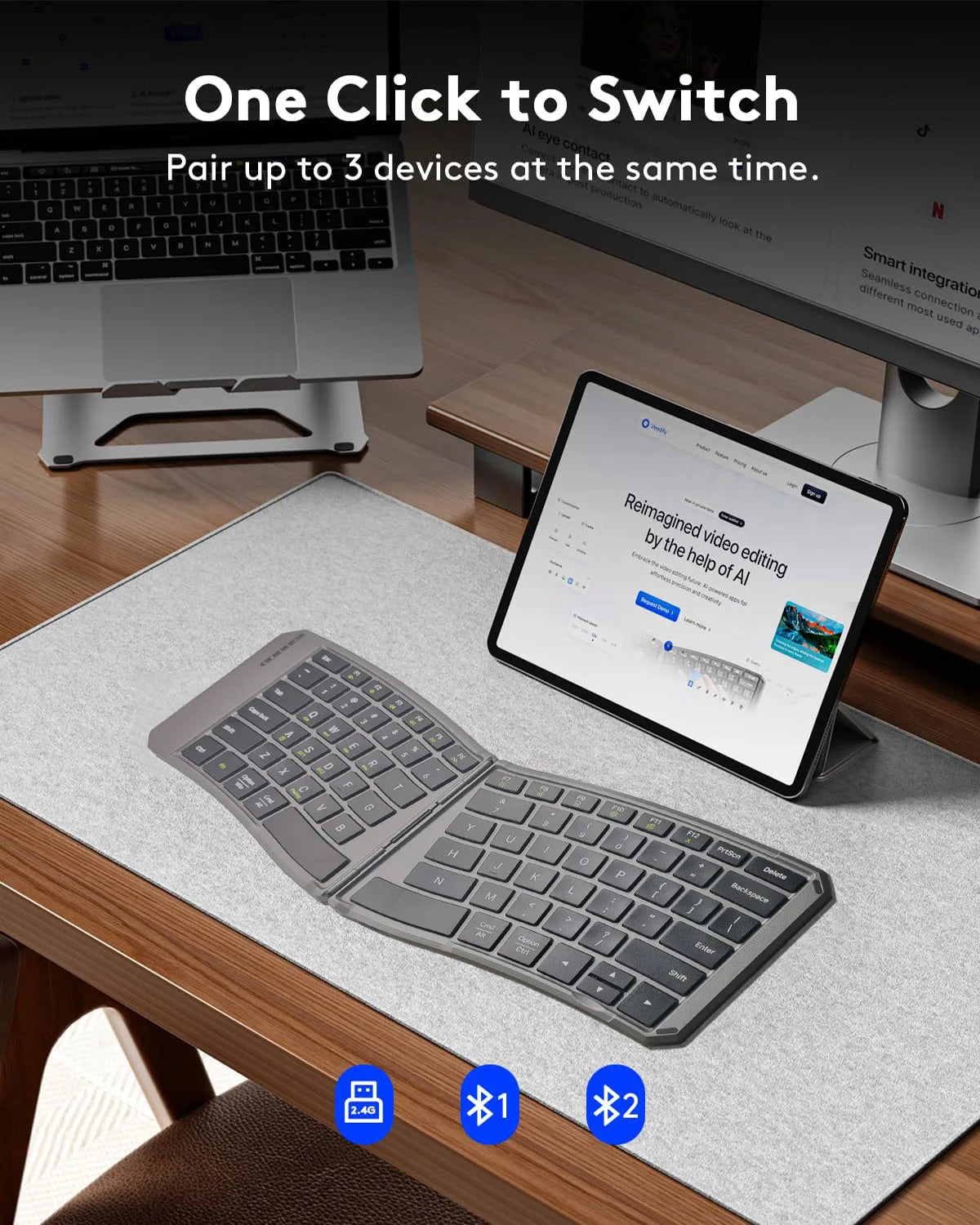 Ergonomic Foldable Bluetooth Keyboard, Split Compact Portable Keyboard for Business Travel, Folding Rechargeable Wireless Keyboard