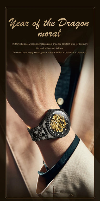 Reloj para hombre OUPINKE de marca de lujo, oro y acero de tungsteno, original, automático mecánico, con esfera decorada con motivo de dragón