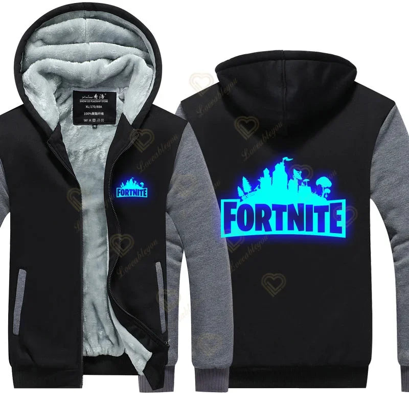Winter Warm Fortnite Luminescent Hoodies Men Women Game Cosplay Sweatshirts Thick Fleece Zipper Couple Jacket&Coat