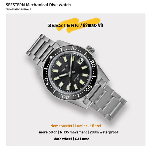 SEESTERN 62MAS Diving Watch Men Automatic Mechanical Wristwatch Luminous Bezel Waterproof NH35 Movement Sapphire Glass Bracelet