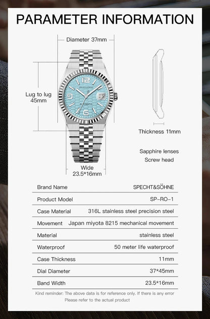 Specht & Söhne New Mens Watches Miyota 8215 Automatic Mechanical Wristwatches Stainless Steel Watch Relogio Masculino 37MM
