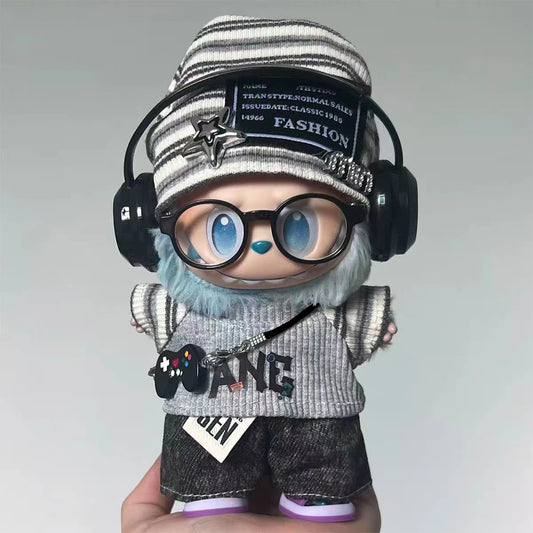 For Labubu 15-17cm Cloth Korean Grey Star Hat Suit Pull Bubu Baby Clothes 123rd Generation High-energy Hope Vinyl Doll Clothes