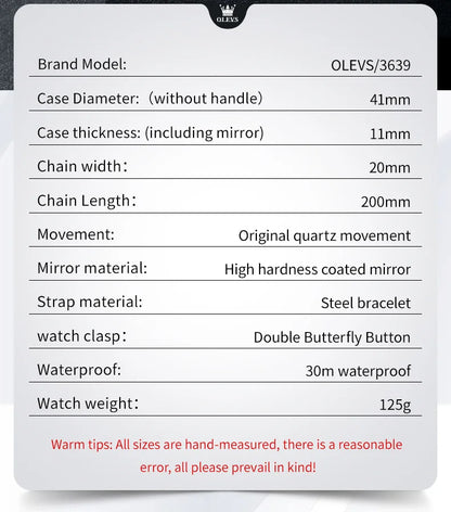 OLEVS 3639 Top Brand Original Luxury New Quartz Watch Stainless Steel Watch For Men Waterproof Luminous Moon Phase Mens Watch