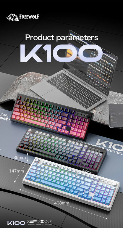 FREEWOLF K100 Wireless Keyboard Quiet with Media Knob|Side-print Backlit|4000mAh|26-Key Rollover Mechanical Feel Keyboard