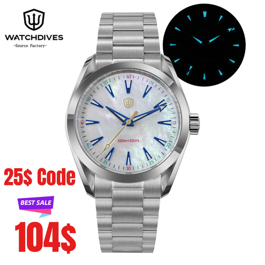 Watchdives WD0006B VH31 Quartz Wristwatches White Mops Dial AR Sapphire Luminous BGW9 100M Waterproof 38Mm Stainless Steel Watch