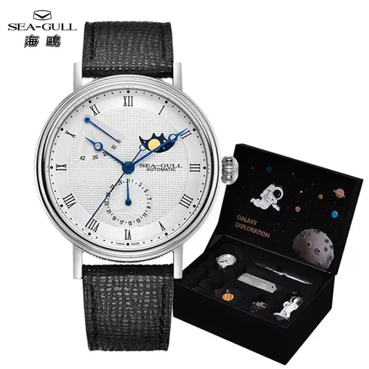 Seagull Men's Business Wristwatch Moon Phase Leather Luxury Automatic Mechanical Men's Watches 50M Waterproof Relogio 6092
