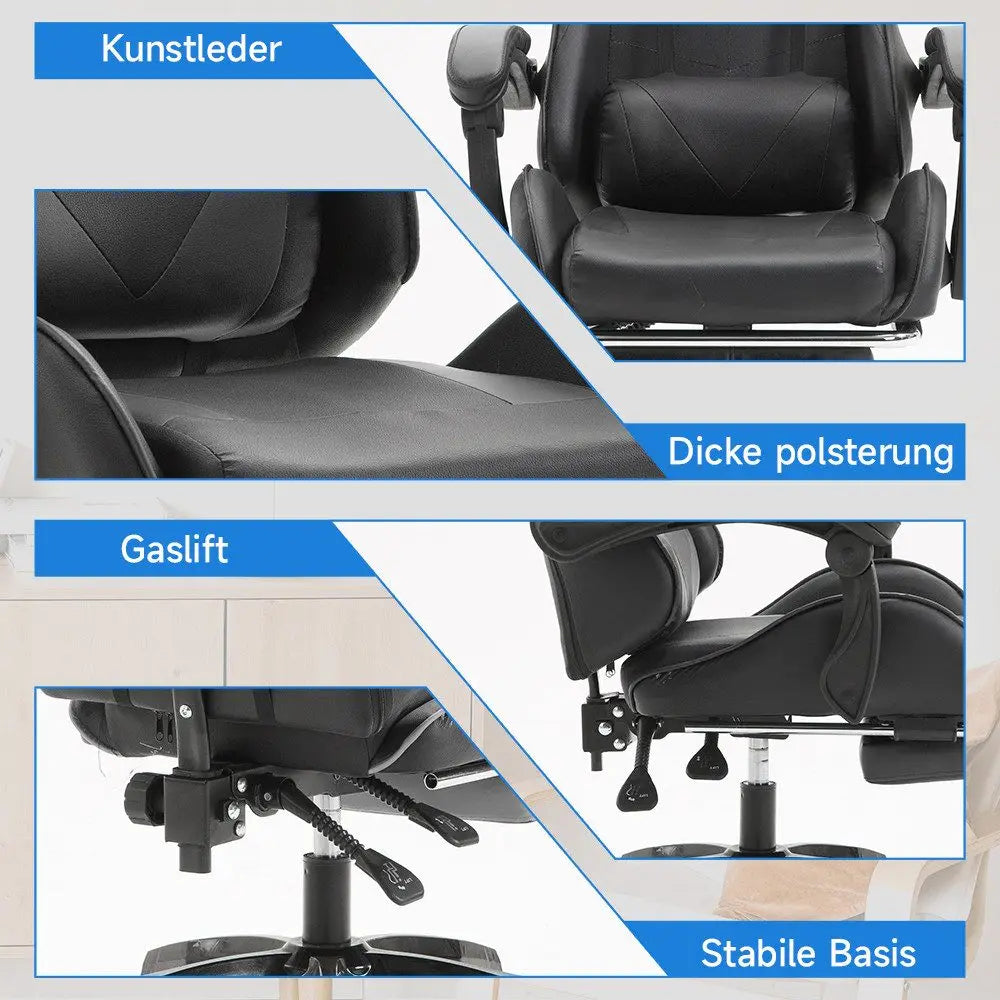 Ergonomic Gaming Chair, Office Chair, Height Adjustable, PU Leather Computer Chair, with Headrest and Lumbar Support, 360° Swivel