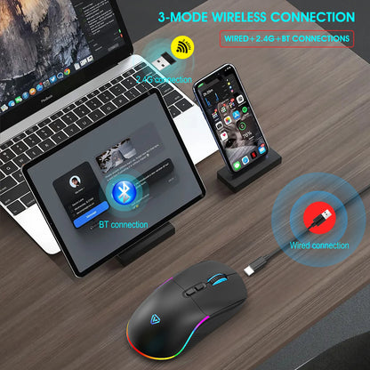 Tri-mode Mouse 2.4G Wireless/Bluetooth/Wired 6-speed DPI Adjustable 500mAh Battery RGB Lighting Esports Game Macro Office Mouse