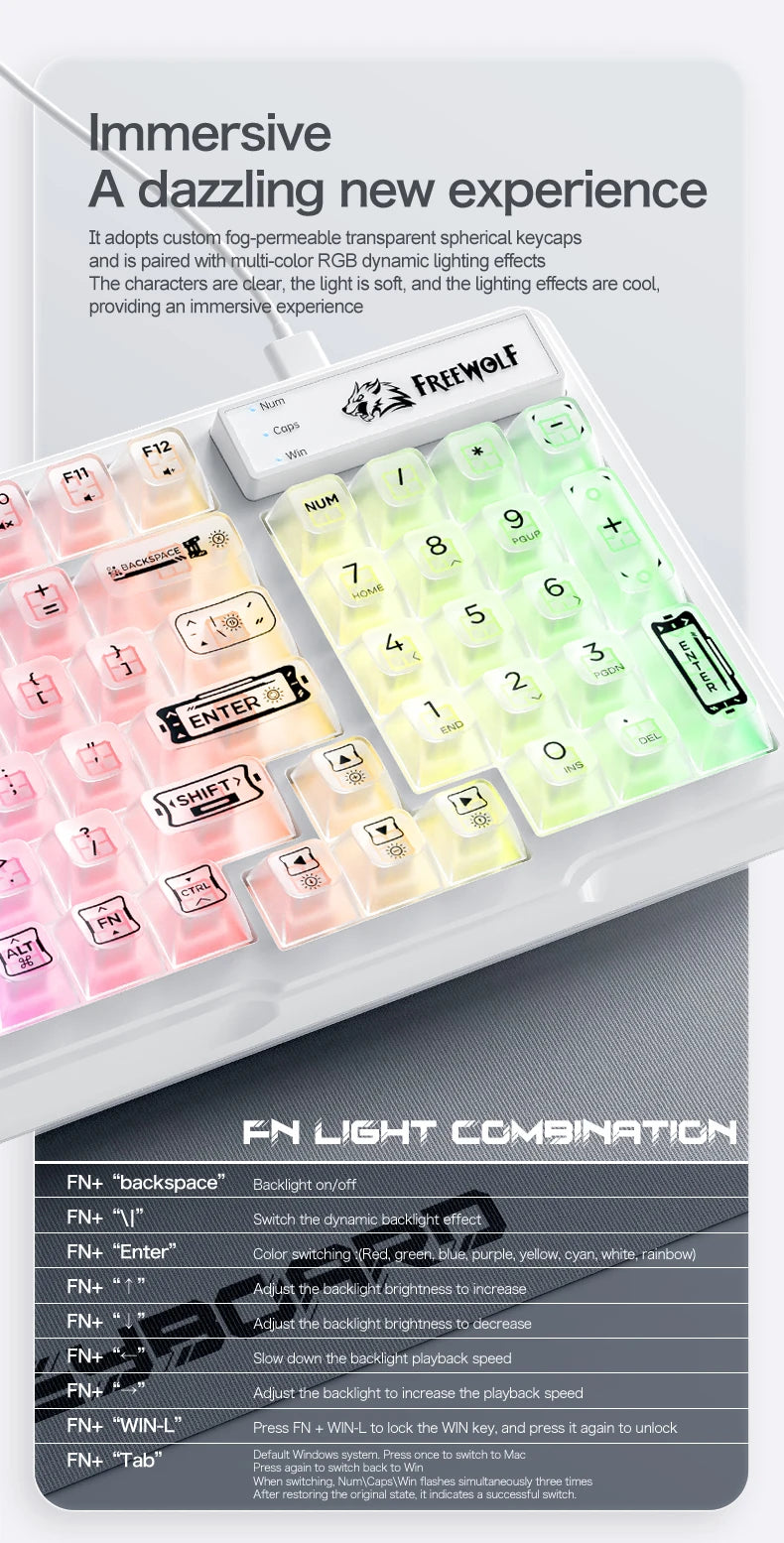 FREEWOLF M95 Wired Keyboard Features an RGB Transparent Design,Catering to Various Scenarios such as Gaming and Office Work