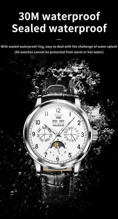 OLEVS 6698 Mens Watch Luxury Dress Brand Moon Phase Automatic Mechanical Watch For Men Leather  Waterproof Dual Calendar Watch