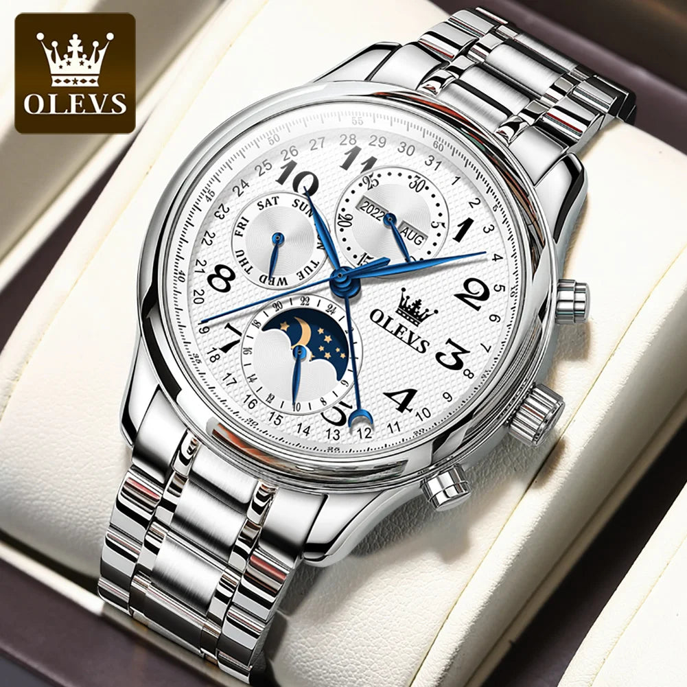 OLEVS 6667 Mens Watch Multifunctional Chronograph Mechanical Watch Leather Strap Moon Phase Watches For Man Luxury Original