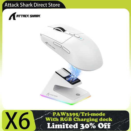 ATTACK SHARK X6 Tri-Mode Gaming Mouse with Magnetic Charging Dock, 26K DPI PixArt PAW3395 Sensor, 49g Ultralight Wireless Gaming Mouse for PC, Mac & Xbox
