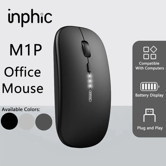 Безжична тиха офис мишка Inphic M1P, ултратънка преносима, USB интерфейс, дисплей за заряда на батерията, TYPE-C зареждане