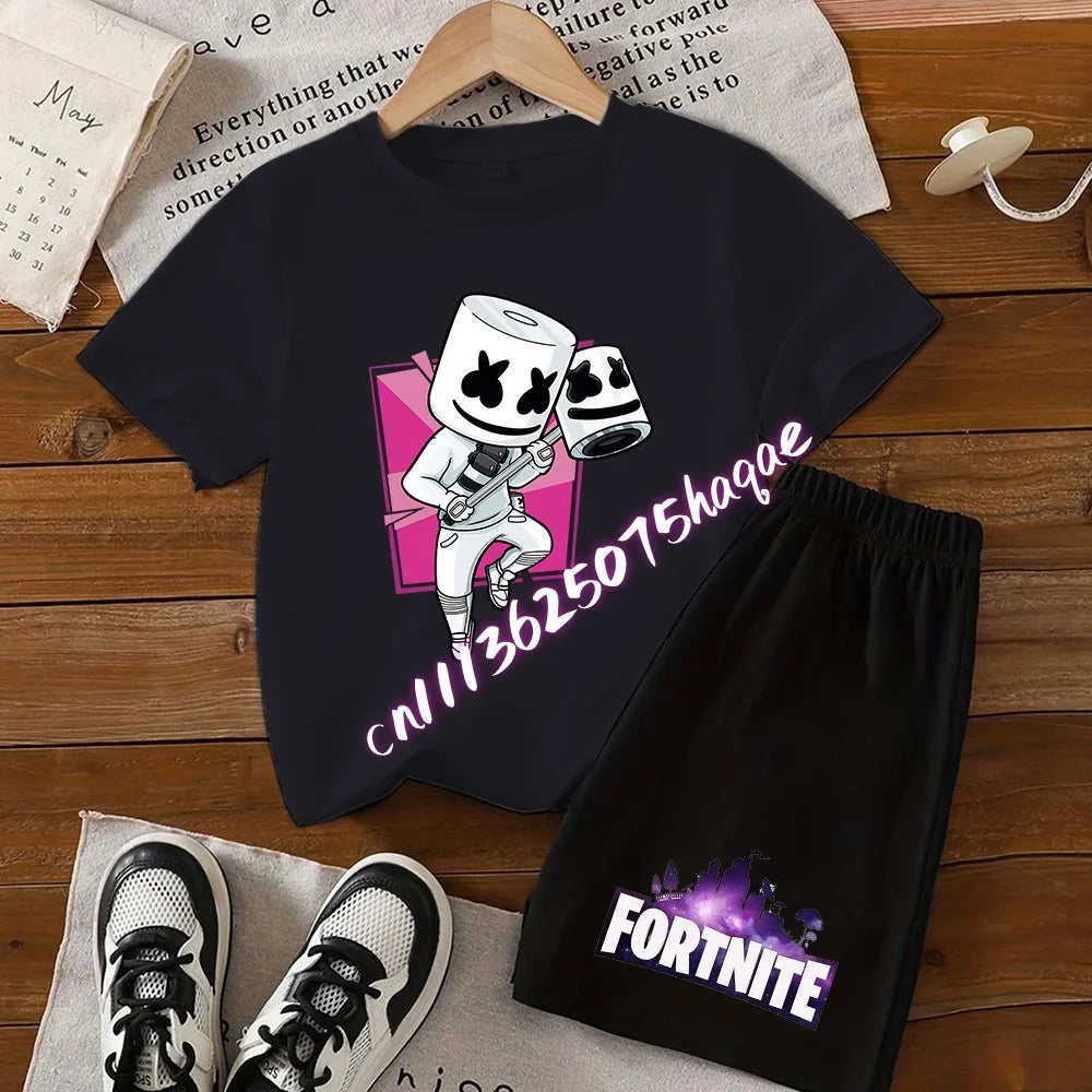 Σετ παιδικό Fortnite με T-shirt και σορτς, μπλουζάκι με εκτύπωση cartoon φιγούρας, καλοκαιρινό casual αθλητικό ένδυμα για αγόρια