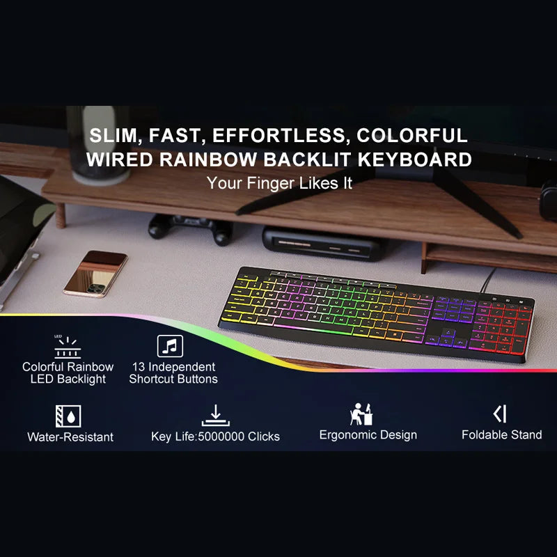 New Wired Light Backlit RGB Mute Keyboard Desktop Notebook Home Business For Office Ultra Thin USB office home