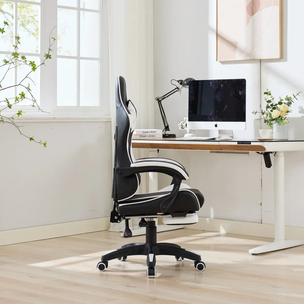 360 ° - Swivel Ergonomic Racing Design Gaming Chair Leather High Back Office Chair Height Adjustable Task Chair, Black&White