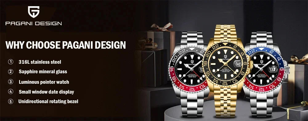Montre automatique PAGANI DESIGN GMT 1662, montre-bracelet pour homme de 40 mm, étanche jusqu'à 100 m, montres-bracelets mécaniques pour homme Cloc