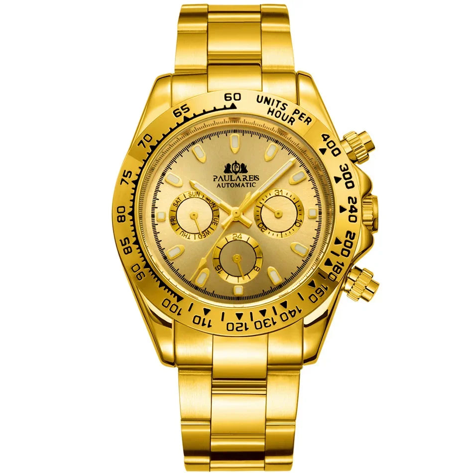 Automatic Mens Watch Self Wind Mechanical Gold Stainless Steel Glacier Ice Blue Dial Chestnut Brown Bezel Luminous Men Watches