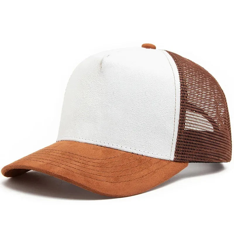 2025 m. unisex 5 dalių tinklinė zomšinė „Trucker“ kepurė su individualiu logotipo spaudiniu vyrams, beisbolo kepuraitė pavasariui ir vasarai, kvėpuojančios sportinės kepurės moterims