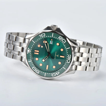 Parnsrpe Nouvelle montre de plongée automatique Miyota 8215 pour homme, sport de luxe, cadran vert, luminescent, verre saphir, date, étanche, bus