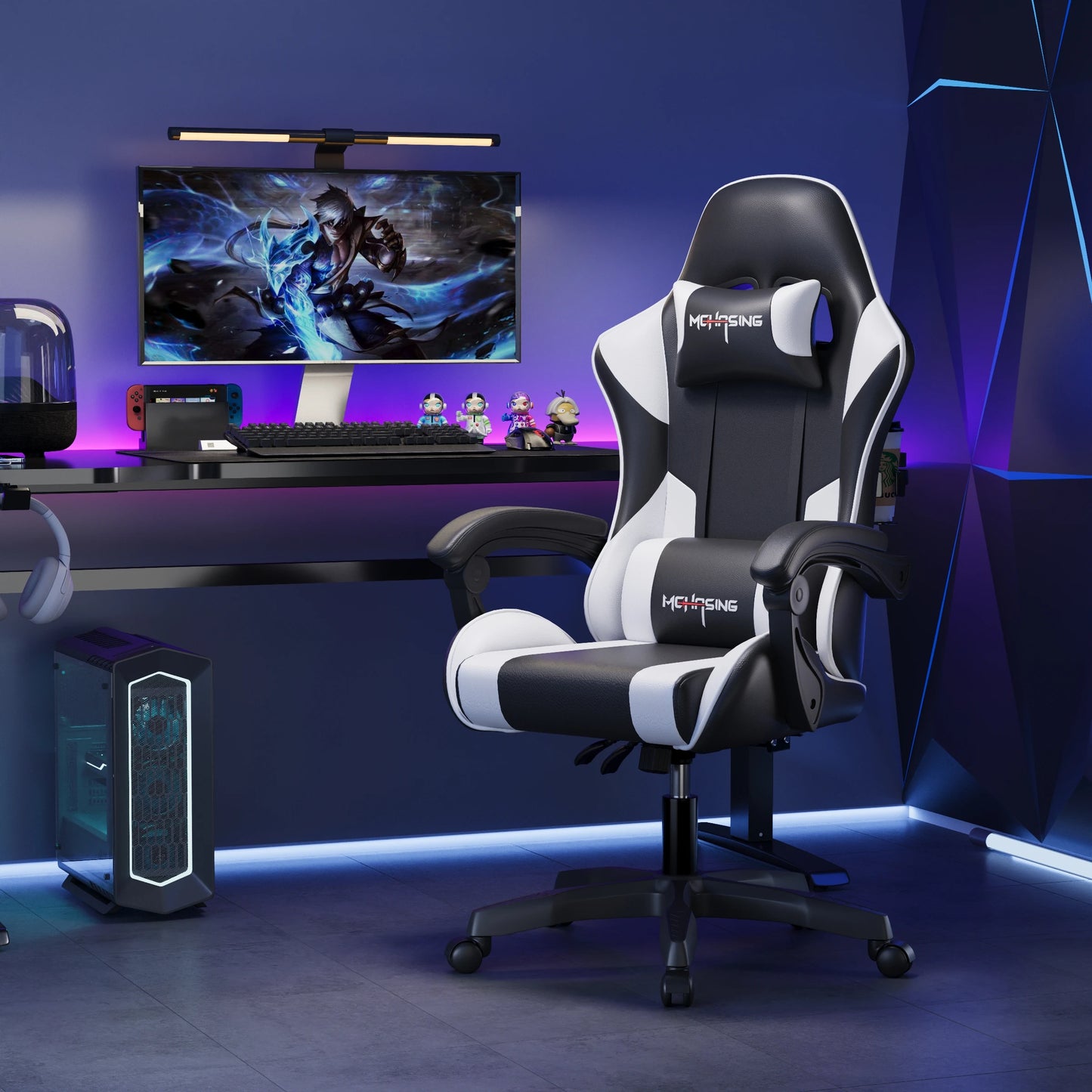 Cadeira Gaming Ergonómica de Design Moderno Giratória para Escritório e Casa, Cadeira E-sport com Rodas, Estilo Rotativo, para Computador