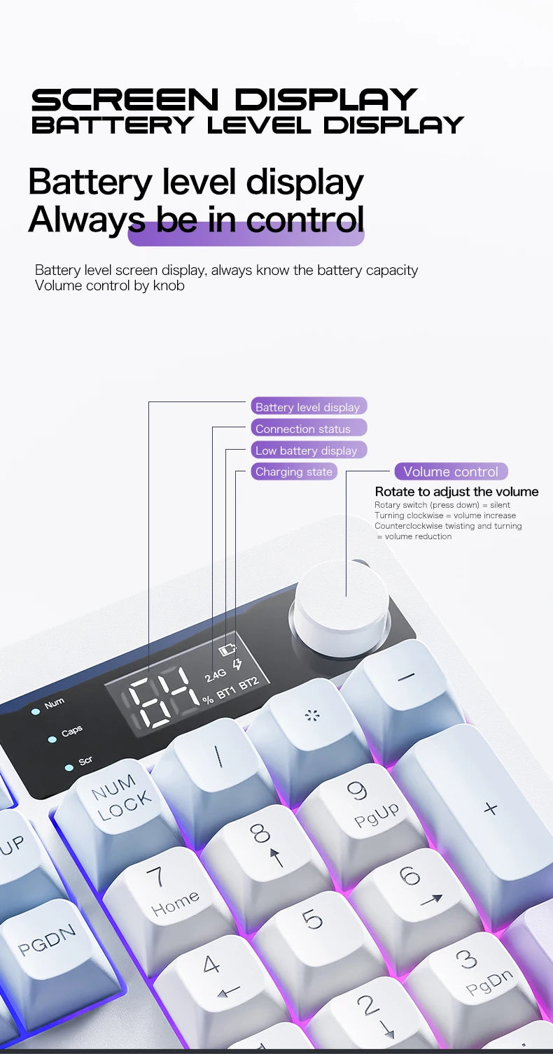Xunfox TK100 Bluetooth Wireless Dual-Mode Keyboard Desktop Laptop Office E-Sports Gaming RGB Light Effect Charging Robot Feel