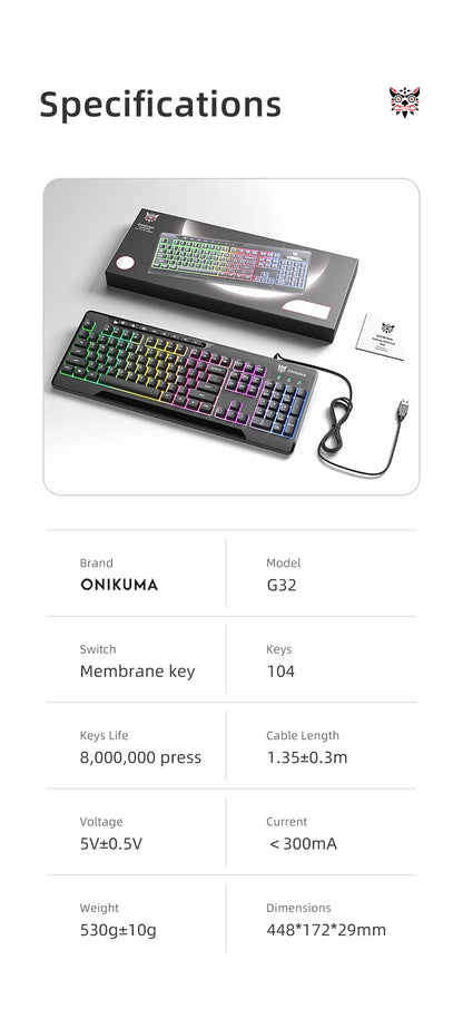 ONIKUMA G32 Wired Gaming Keyboard with RGB Backlit Matte Key Caps 104 Keys Membrane Gaming Keyboards for PC Gamer