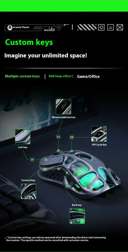 GravaStar M2 Wireless Gaming Mouse PAW3395 26,000 DPI, Magnesium Alloy Tri-Mode Bluetooth, 2.4GHz & Wired RGB Gaming Mouse