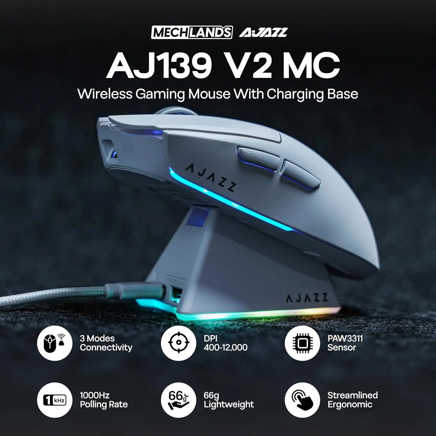 Langaton pelihiiri AJAZZ AJ139 V2 MC/AJ139 PRO, PAW3311/PAW3395-sensori, 12000DPI/26000DPI, 500mAh, Bluetooth-hiiri PC:lle