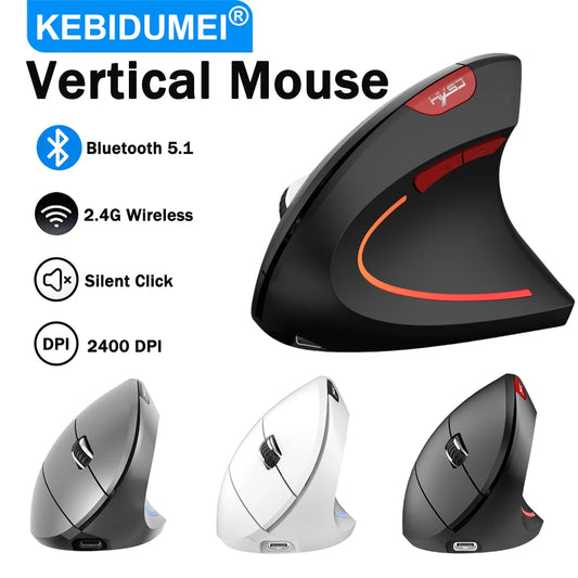 Dual Mode Vertical Mouse Wireless Bluetooth Ergonomic Mouse, Rechargeable Silent 2.4G Gaming Mouse with 2400 DPI for PC & Laptop