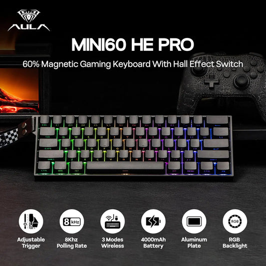 AULA Mini60 HE/Pro/Max 60% Magnetic Switch Keyboard RGB Tri Mode Wireless Mechanical Keyboard 8000Hz 0.01mmRT for Pc Gamer Gifts