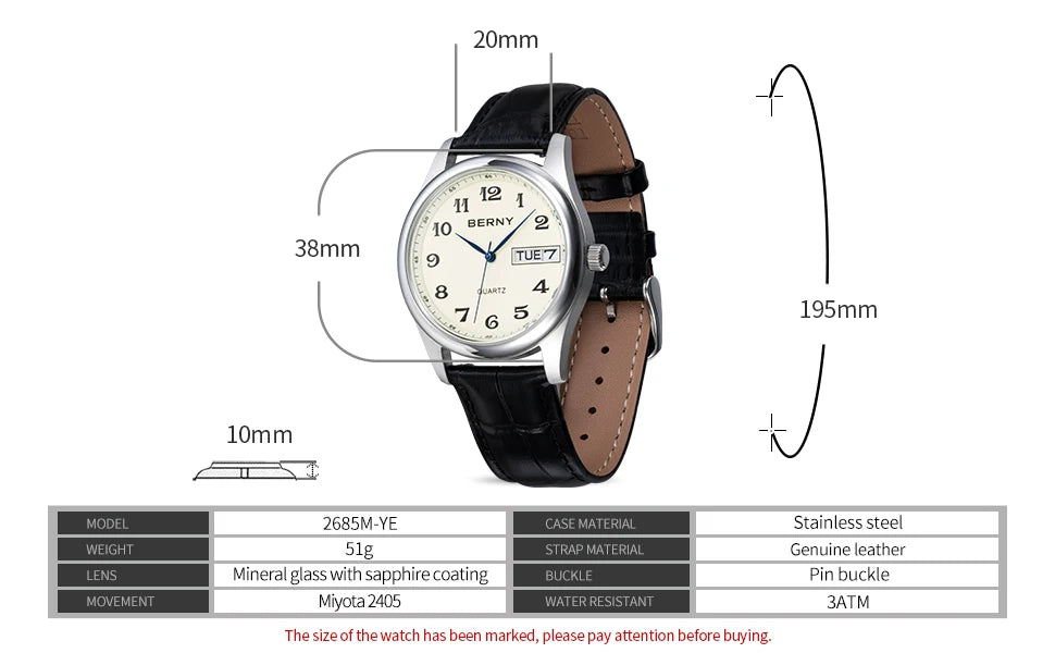 BERNY Quartz Watch for Men Miyota 2405 Business Male Wristwatch Day Top Calendar Genuine Leather Classic Men Watches Waterproof