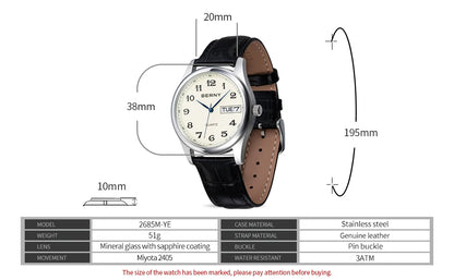 BERNY Quartz Watch for Men Miyota 2405 Business Male Wristwatch Day Top Calendar Genuine Leather Classic Men Watches Waterproof