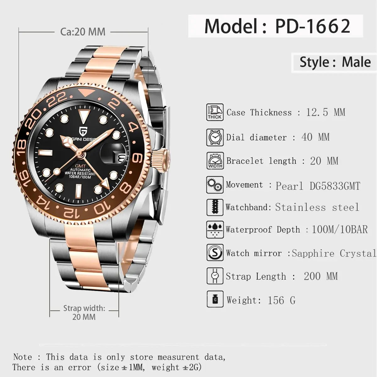 Montre automatique PAGANI DESIGN GMT 1662, montre-bracelet pour homme de 40 mm, étanche jusqu'à 100 m, montres-bracelets mécaniques pour homme Cloc