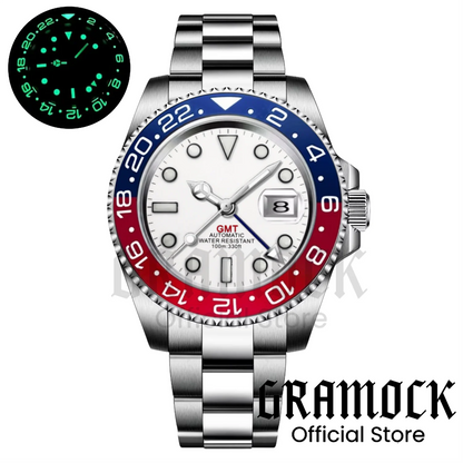Gramock White Dial Blue GMT 40MM Watch For Men Roating Bezel Sapphire Glass Waterproof Reloj Hombre NH34A Mechanical Wristwatch