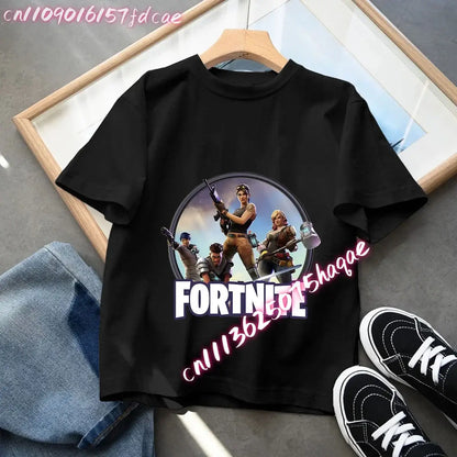 Fortnites Kids Black Cotton T Shirt Fortress Night Baby Short Sleeve Tees Shirt Cartoon Boy Girl Summer Clothes Kawaii Tops Gift