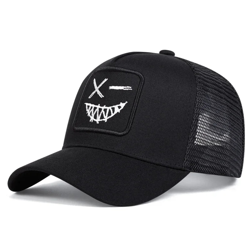 Unisex X Baseball-Netzkappen mit Stickerei eines lächelnden Gesichts und Zähnen – Sonnenhut für Frühling und Sommer, im Freien, mit Sonnenschutz, verstellbare Freizeit-Trucker-Kappen