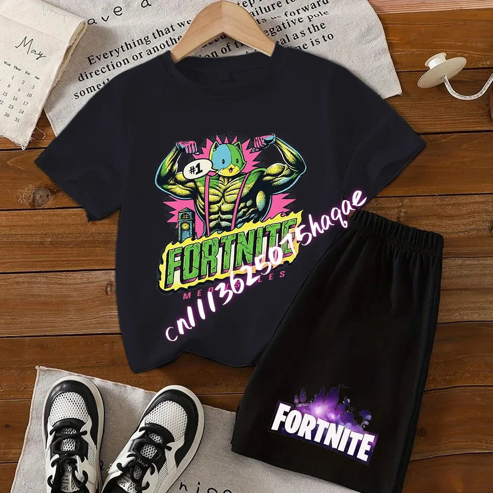 Σετ παιδικό Fortnite με T-shirt και σορτς, μπλουζάκι με εκτύπωση cartoon φιγούρας, καλοκαιρινό casual αθλητικό ένδυμα για αγόρια
