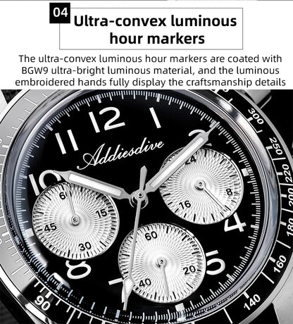 ADDIESDVIE Men Watch Reloj Hombre 10Bar Waterproof AD2517 BGW9 Super Luminous 316L Stainless Steel VK63 Chronograph Quartz Watch
