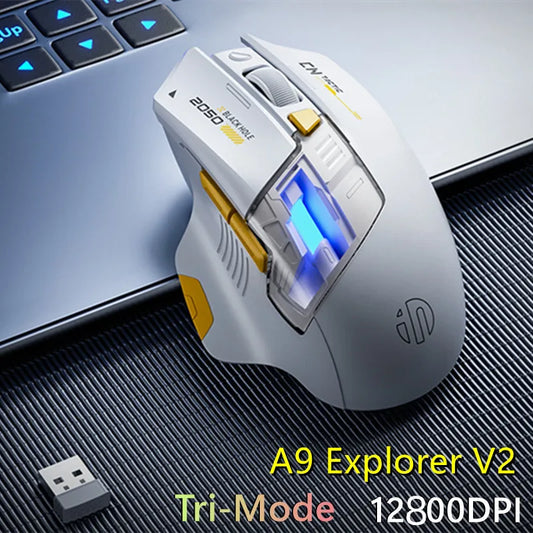 Inphic A9 Explorer V2 Three-Mode Gaming Mouse, 12000 DPI Wireless Gaming Mouse with Bluetooth 5.0, 2.4G & Wired, Programmable Macro Gaming Mouse