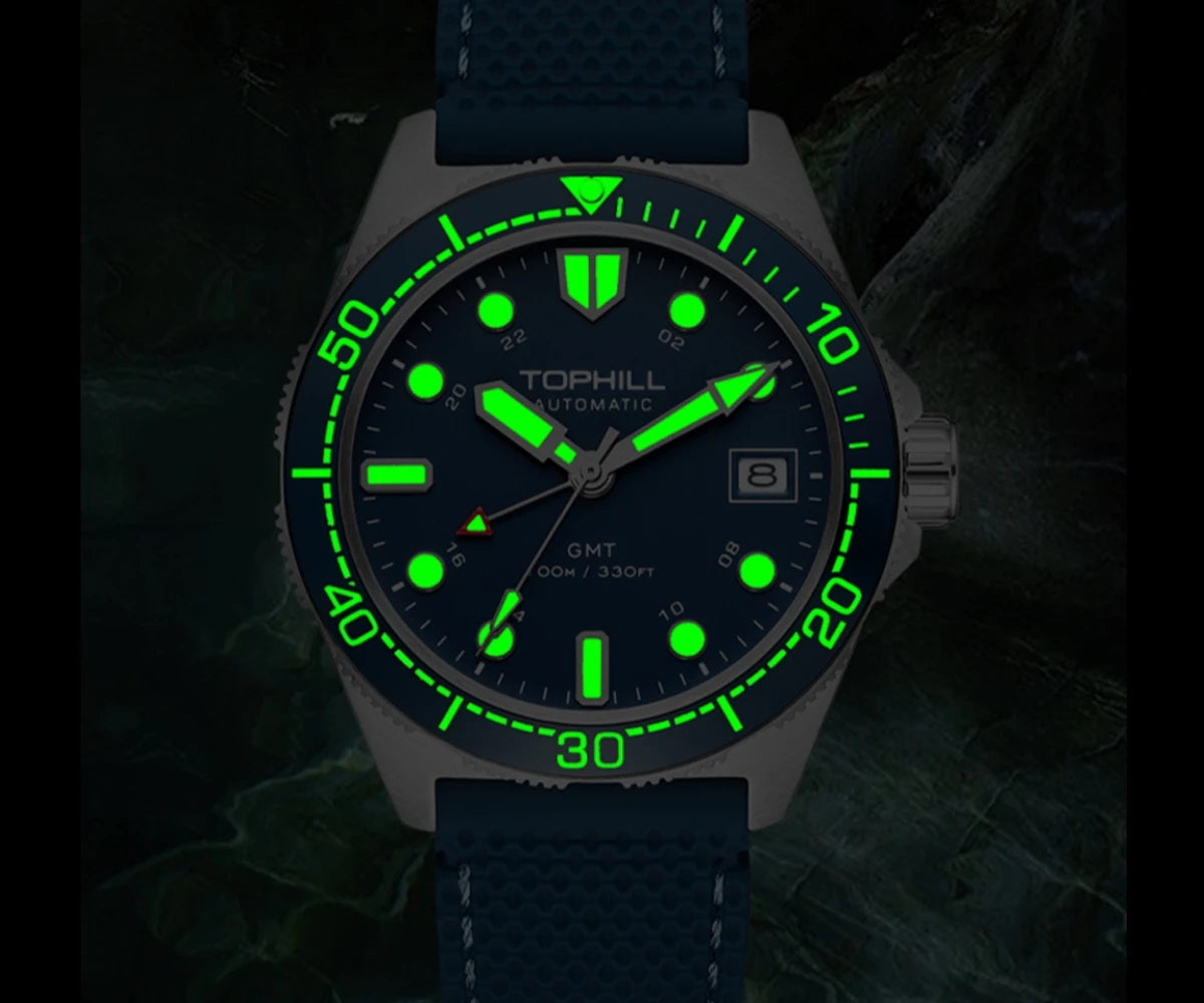 Tophill 39.5mm Automatic NH34 GMT Watch Swim 3H Date Window Mechanical C3 Green Lume 100M Waterproof Sapphire Crystal TD011G