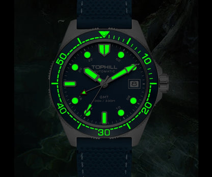 Tophill 39.5mm Automatic NH34 GMT Watch Swim 3H Date Window Mechanical C3 Green Lume 100M Waterproof Sapphire Crystal TD011G