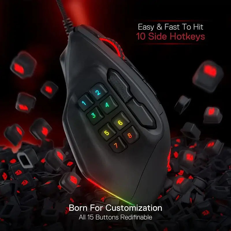 Redragon M811 Aatrox MMO Gaming Mouse, 15 Programmable Buttons Wired RGB Gamer Mouse with Ergonomic Natural Grip Build