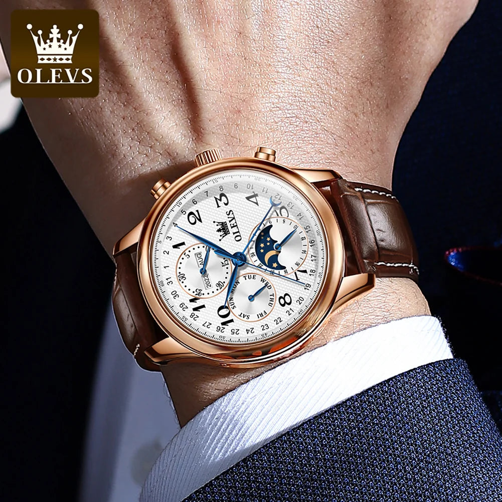 OLEVS 6667 Mens Watch Multifunctional Chronograph Mechanical Watch Leather Strap Moon Phase Watches For Man Luxury Original