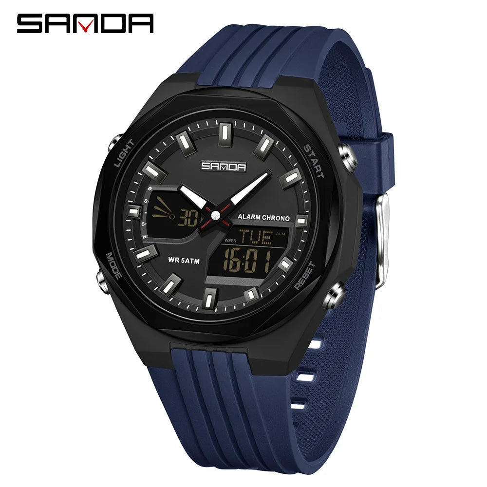 Fashion SANDA 6267 Men's Electronic Watch Multifunctional Operation Night light waterproof Dual Display Student Electronic Watch
