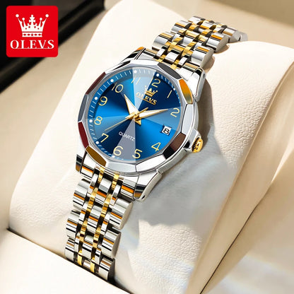 OLEVS 9970 Men Watch Original Brand Waterproof Luminous Quartz Watch Rhombus Mirror Stainless Steel Date-Day-Date Watch With Box