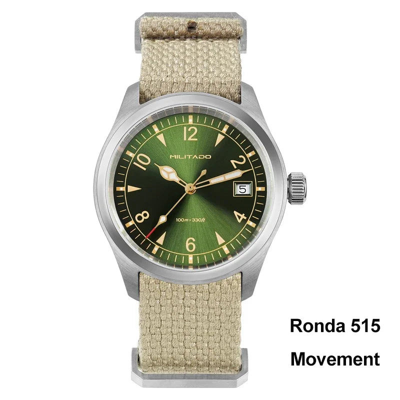 Militado ML08 Men Military Watch Ronda 515 Movement Sapphire Luminous Vintage Watches 10Bar Waterproof Stainless Steel Watch