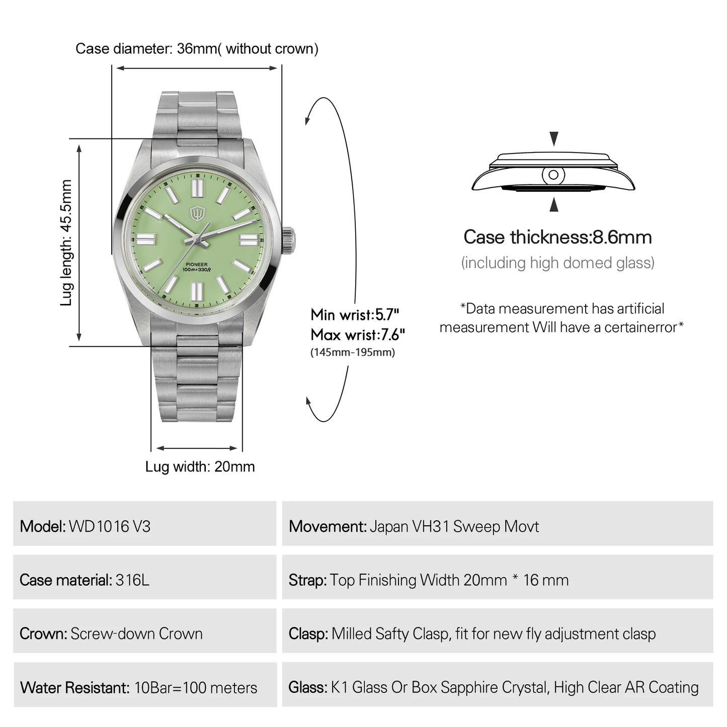Watchdives WD1016 V3 36Mm VH31 Quartz Watch Man Multicolored K1 Bubble Mirror Sapphire Luminous 100M Waterproof Steel Wristwatch