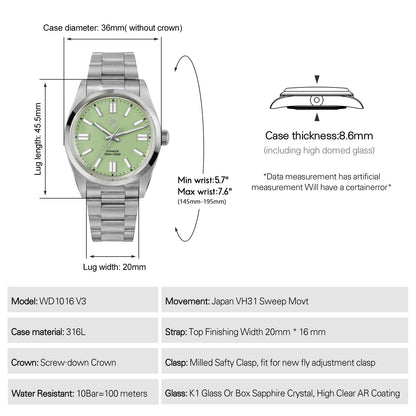 Watchdives WD1016 V3 36Mm VH31 Quartz Watch Man Multicolored K1 Bubble Mirror Sapphire Luminous 100M Waterproof Steel Wristwatch